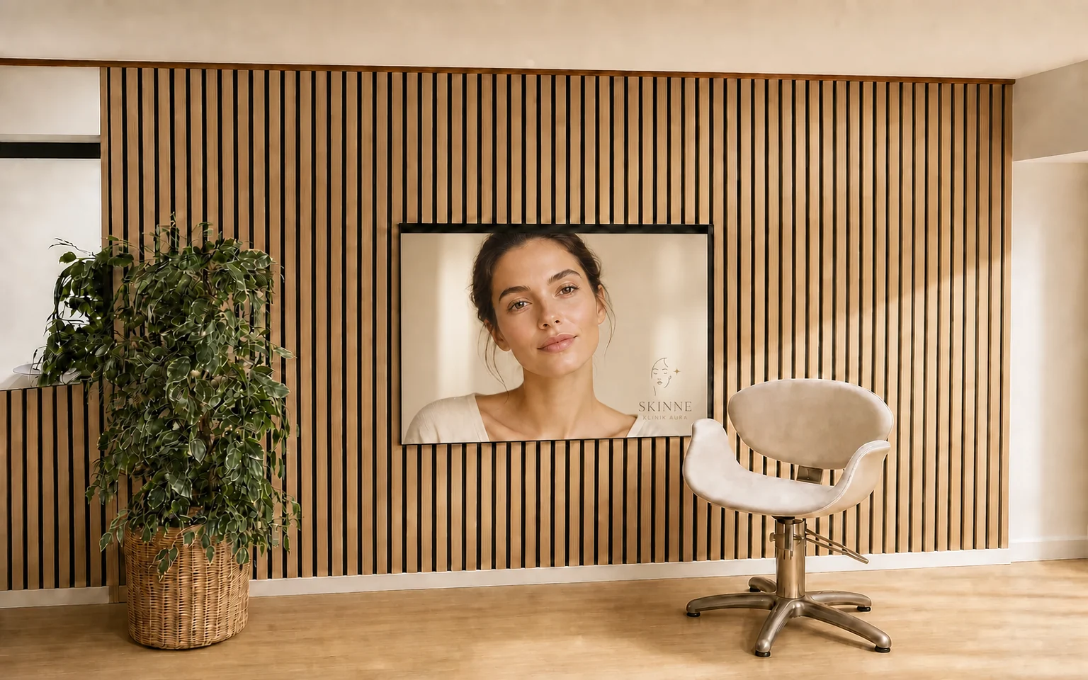 Klinikinteriør med egetræsvæg, skønhedsportræt, grøn plante og behandlingsstol hos SKINNE Klinik Aura